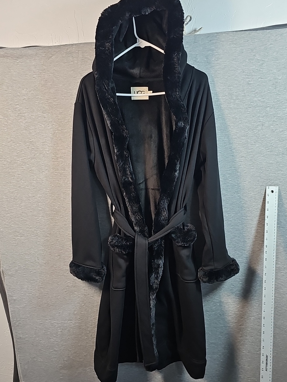 UGG Black Faux-Fur Trim Hooded Trench Coat